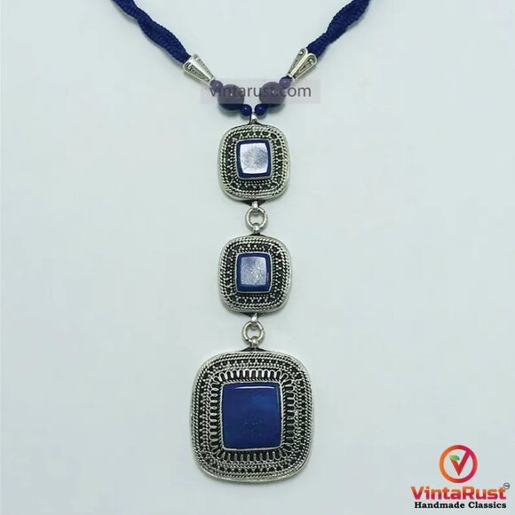 Beaded Chain Necklace with Triple Blue Square Pendants, Lapis Lazuli Stone - Picture 7 of 16